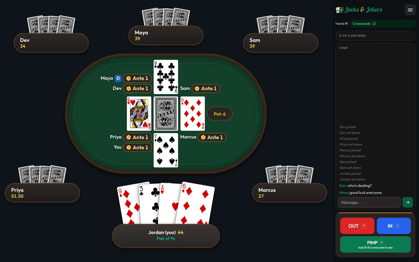 A Crossroads game: cards dealt in a cross on the felt, every player’s ante beside it, and Jordan deciding In or Out.