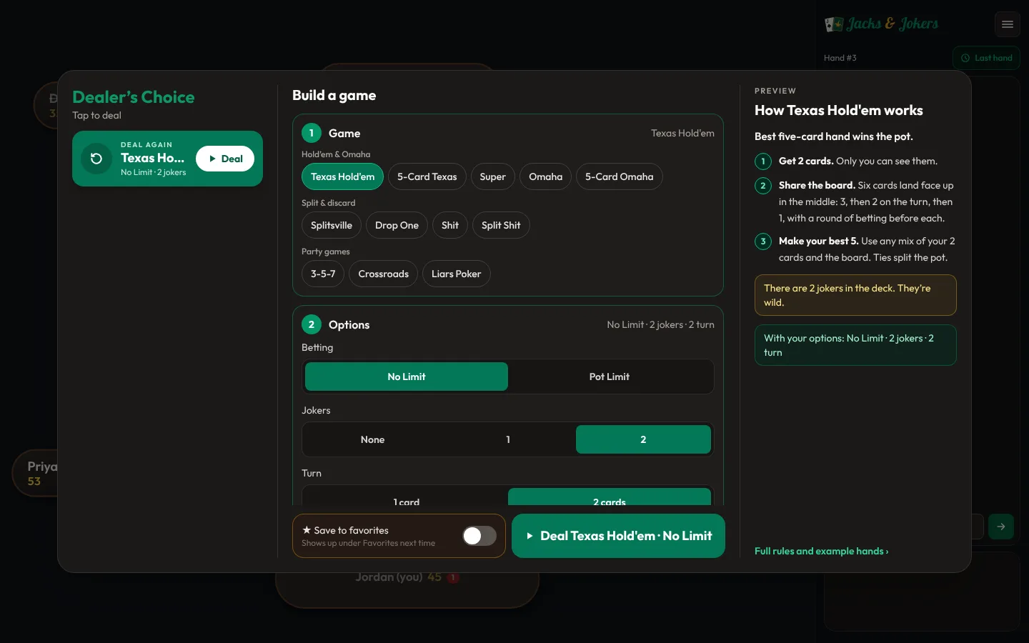 The Dealer’s Choice screen with Texas Hold’em selected, 2 jokers and a 2-card turn, and a preview of how the game works.