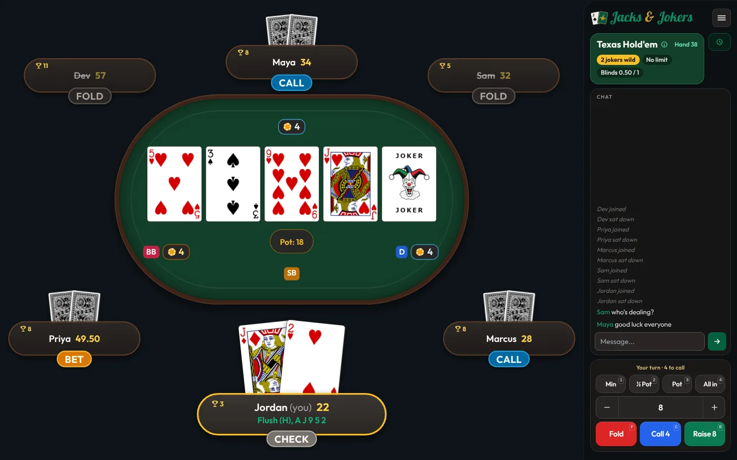 A six-player Jacks & Jokers table on a laptop: Texas Hold’em with two jokers and a double turn, a joker on the board, and Jordan facing a bet.