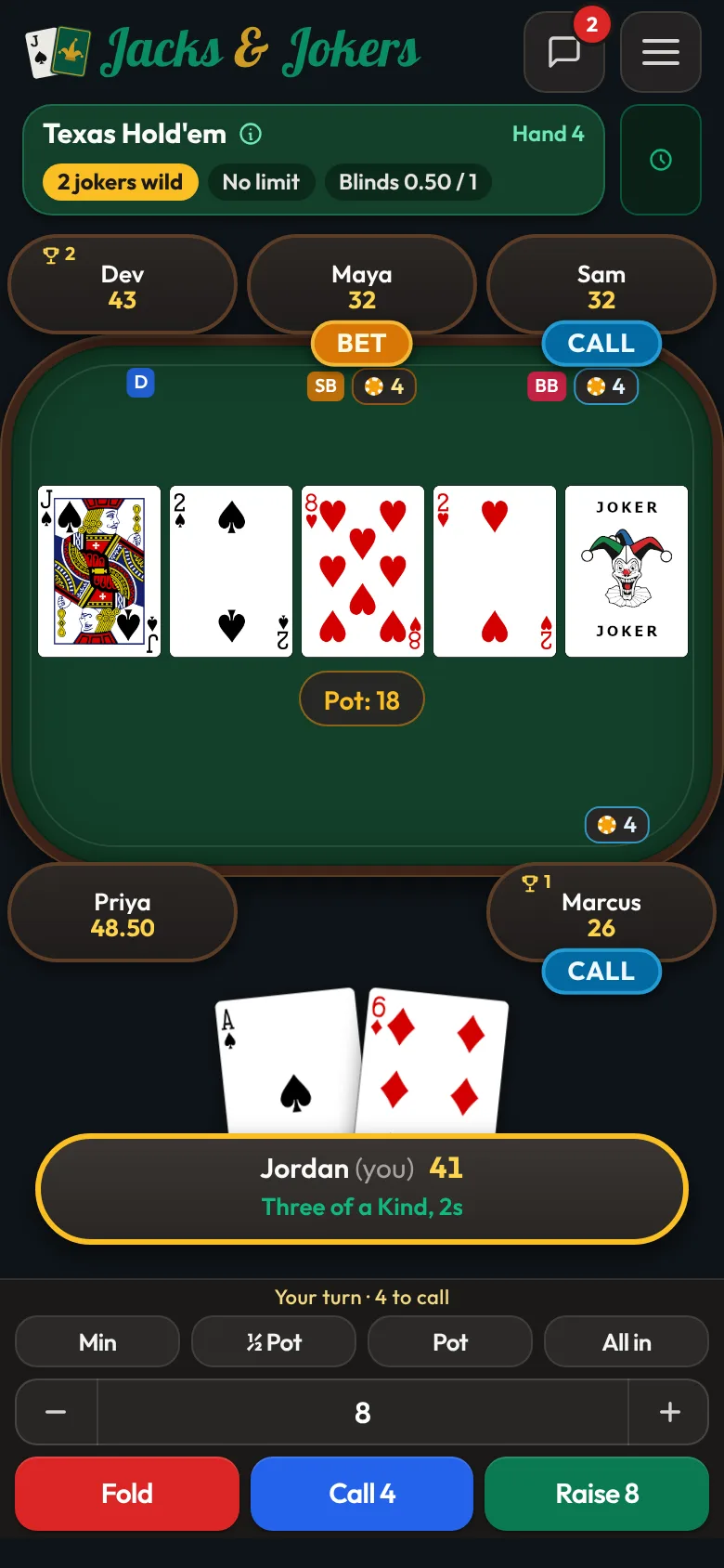 Jordan’s phone at a six-player table: Texas Hold’em with 2 turn cards and 2 jokers, a joker on the board, and Jordan facing a bet.