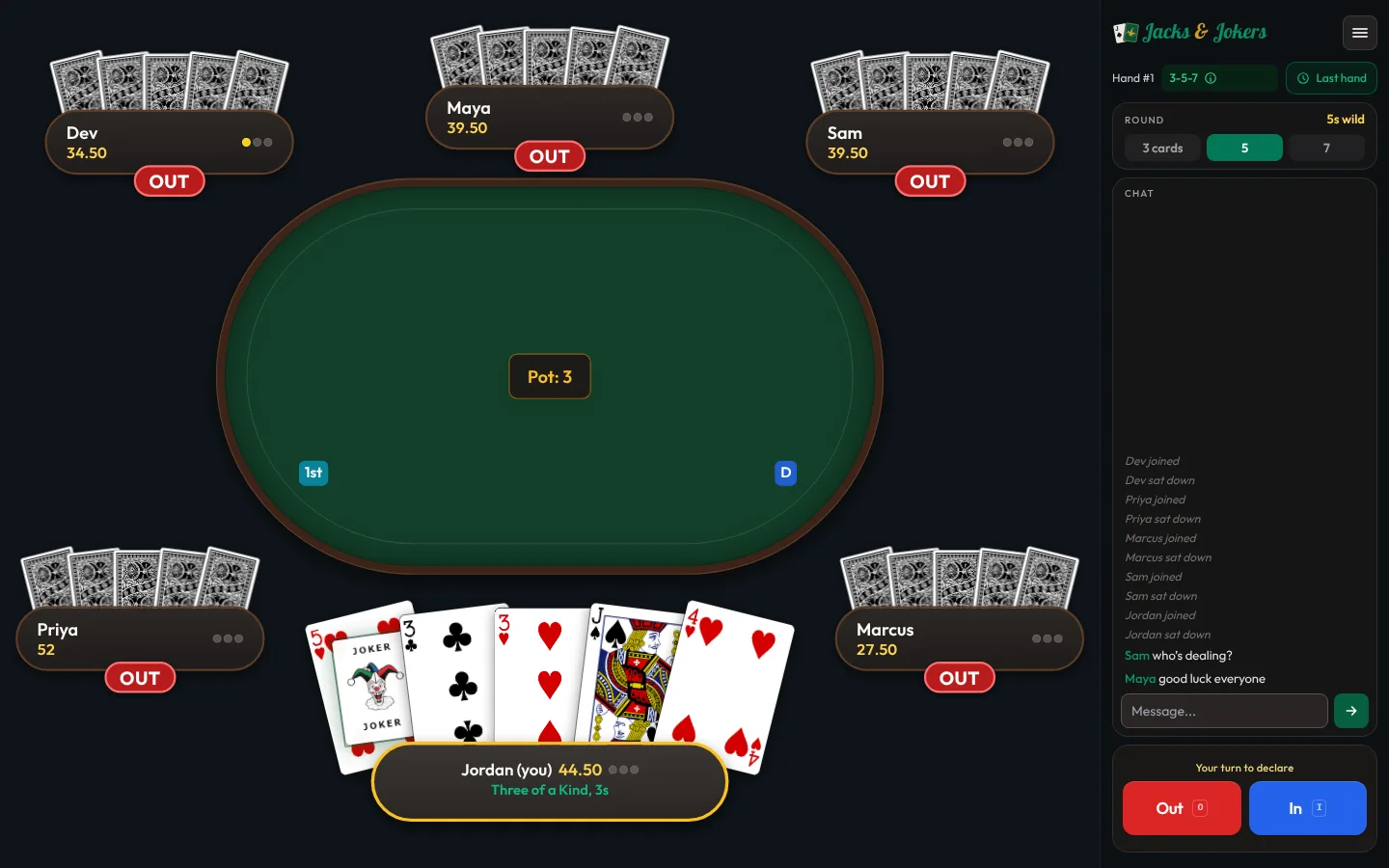 A 3-5-7 game in the 5-card round with 5s wild: Jordan holds five cards and chooses In or Out.